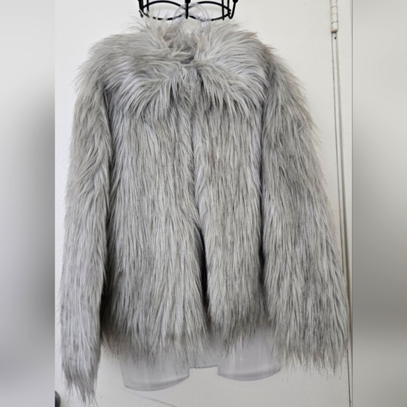 Topshop Jackets & Blazers - Topshop Faux Fur Grey Shag Coat Jacket Grey White